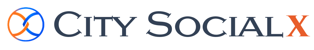 Horizontal City Social X logo with blue and orange connection icon
